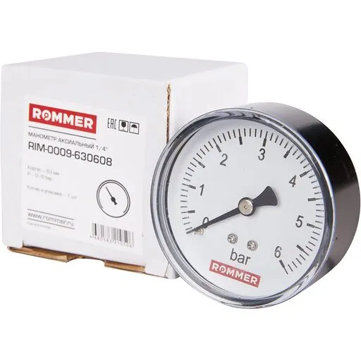 Манометр аксиальный DN 63 мм 1/4, 0-6 бар, кл.2,5 RIM-0009-630608 ROMMER